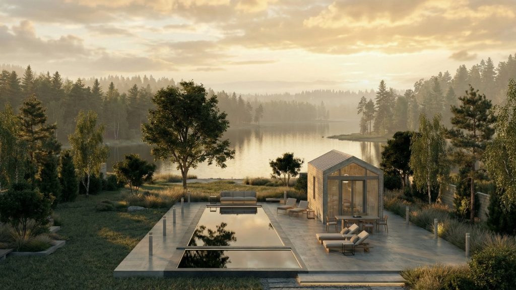 Drönarvy över attefallshus vid sjö med minimalistisk arkitektur, stor terrass i natursten, pool och loungeytor omgivna av skog och mjukt morgonljus