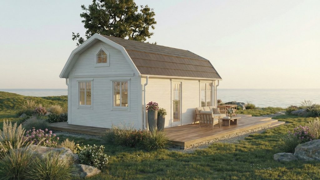 Bygga Attefallshus i stockholm från Modulhus. Vit attefallshus med stora glaspartier och klassisk arkitektur, placerad i lugn kustmiljö med träaltan och omsorgsfullt anlagd trädgård.