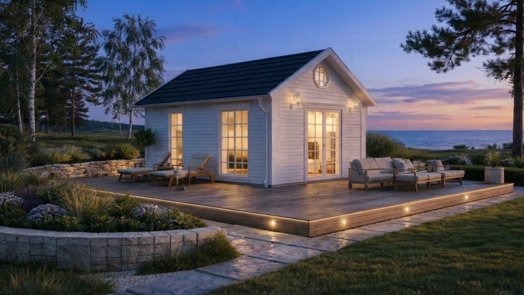 Vitt attefallshus med klassisk träfasad och sadeltak, generös träterrass med loungemöbler och solsängar i kustnära skandinavisk miljö