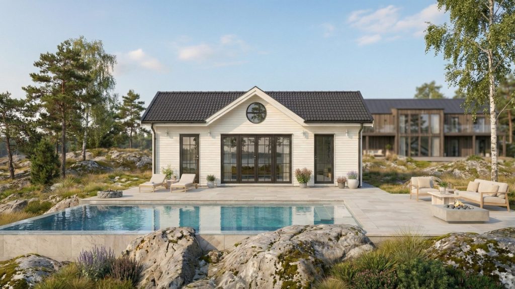 Många bygger Attefallshus för uthyrning. Attefallshuset Melissa med stora glaspartier i skogsmiljö