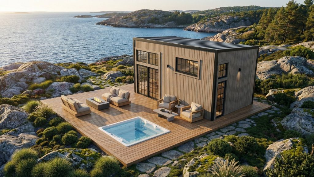 Attefallshus permanentboende från Modulhus. Drönarvy på Attefallshuset Maria Heliodal 30 m² med jacuzzi i vacker skärgårdsmiljö