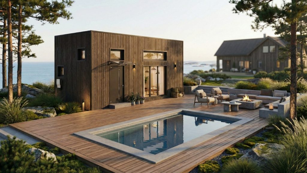 Attefallshus som generationsboende. Attefallshuset Eleonora i västkust miljö