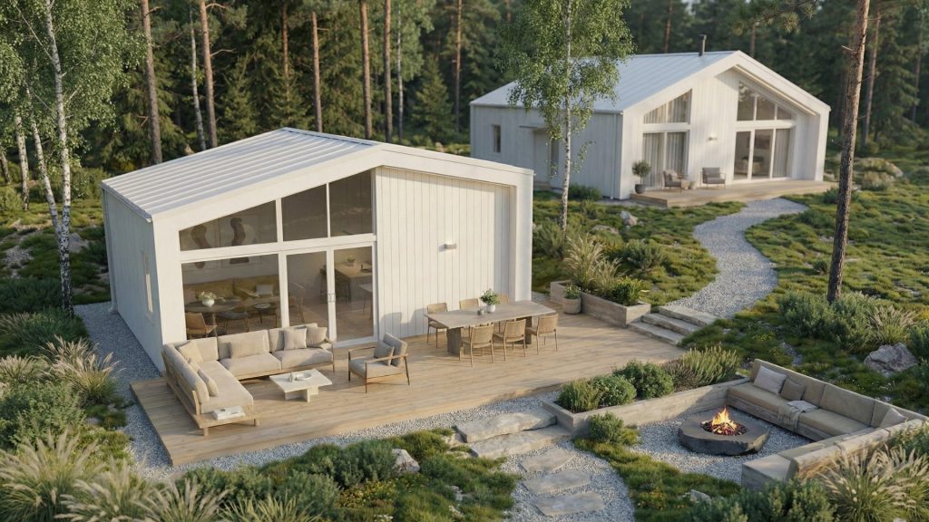 Attefallshus Brabo 30 m² exteriör i naturmiljö med boningshus i bakgrunden