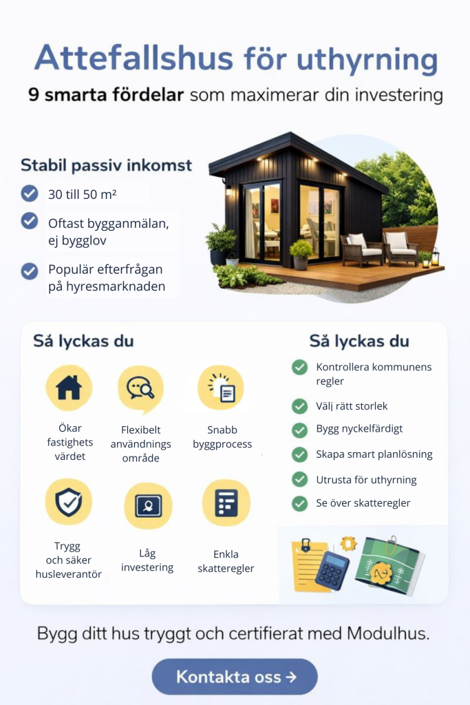Informationsbild om attefallshus för uthyrning som visar 9 smarta fördelar, stabil passiv inkomst, 30 till 50 kvm, bygganmälan istället för bygglov samt tips för att lyckas med nyckelfärdigt attefallshus.