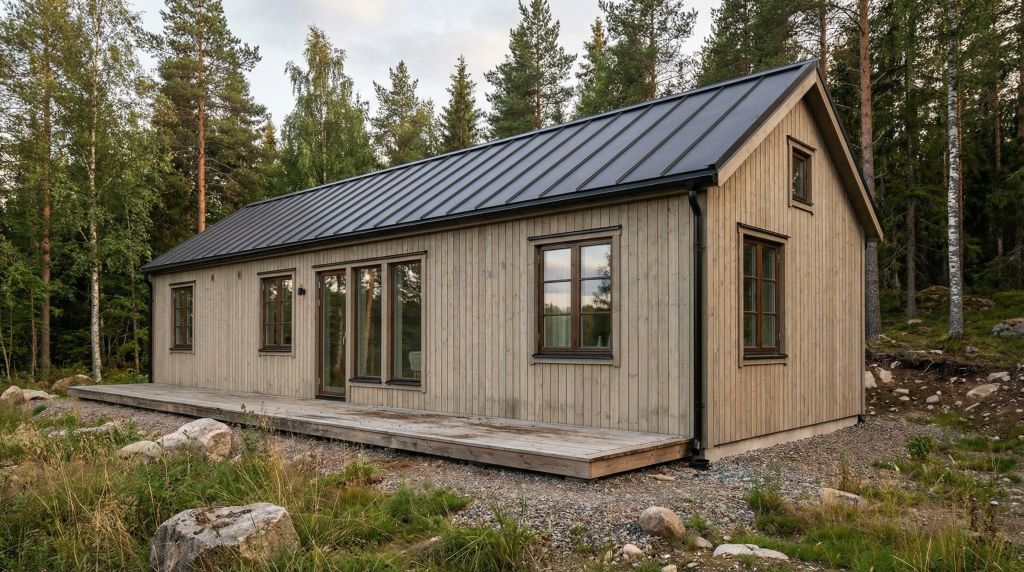 Ett modernt attefallshus från Modullhus i trä med stående träpanel och svart plåttak, placerat i skogsmiljö. Huset har stora fönster, glasdörrar mot en träaltan och en minimalistisk skandinavisk design med naturfärger som smälter in i omgivningen.