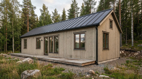 Ett modernt attefallshus från Modullhus i trä med stående träpanel och svart plåttak, placerat i skogsmiljö. Huset har stora fönster, glasdörrar mot en träaltan och en minimalistisk skandinavisk design med naturfärger som smälter in i omgivningen.