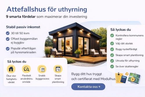 Informationsbild som visar fördelar med attefallshus för uthyrning, med stabil passiv inkomst, 30 till 50 kvm, populär efterfrågan på hyresmarknaden och smarta tips för att lyckas med nyckelfärdigt attefallshus.