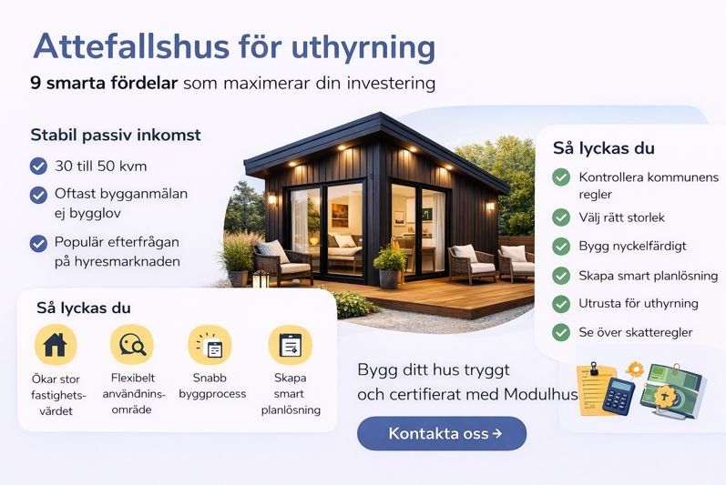 Informationsbild som visar fördelar med attefallshus för uthyrning, med stabil passiv inkomst, 30 till 50 kvm, populär efterfrågan på hyresmarknaden och smarta tips för att lyckas med nyckelfärdigt attefallshus.