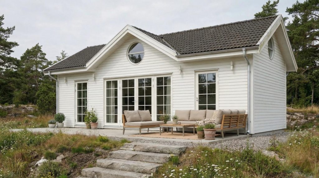 Attefallshus för uthyrning modellen Melissa, vitt nyckelfärdigt hus med stora fönster, uteplats och sittgrupp i naturnära miljö, anpassat för bekväm och attraktiv uthyrning.