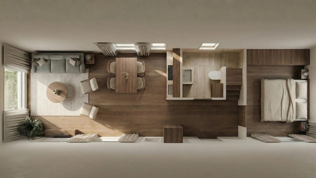 Attefallshus Saga 50 m² 3D planlösning med inredningsförslag, vy uppifrån med vardagsrum, kök och badrum