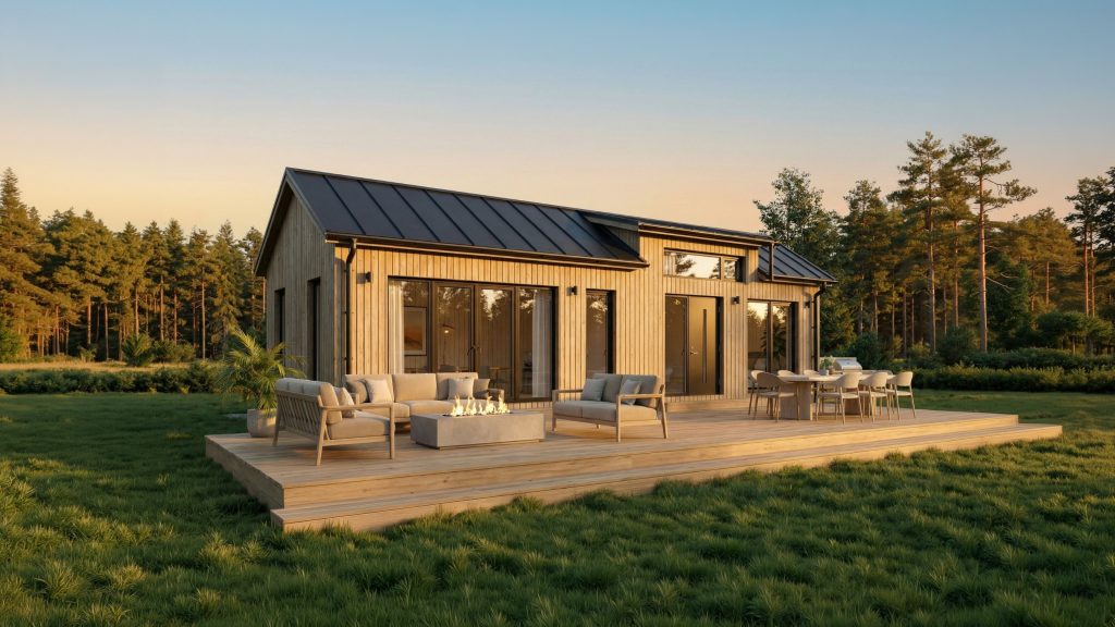 Expanderad vy på ett modernt attefallshus 30 m² Saga från Modulhus med stående fasadpaneler och svart plåttak och stora glaspartier, placerat på trädgårdstomt med generös altan, utemöbler och eldstad i kvällssol i skogen