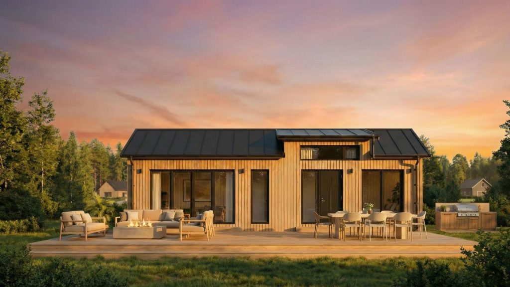 köpa attefallshus erbjudande hos Modulhus med modernt attefallshus Saga i trä, svart tak och stor altan i kvällsljus där kunder kan välja en kostnadsfri uppgradering värd upp till 18 750 kr vid köp av attefallshus eller fritidshus