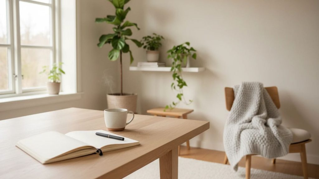 attefallshus rabatt hos Modulhus som visar en ljus och minimalistisk inomhusmiljö i ett attefallshus med träbord, stol, filt, växter och naturligt ljus där kunder kan ta del av kampanjerbjudande vid köp av attefallshus eller fritidshus värd upp till 18 750 kr