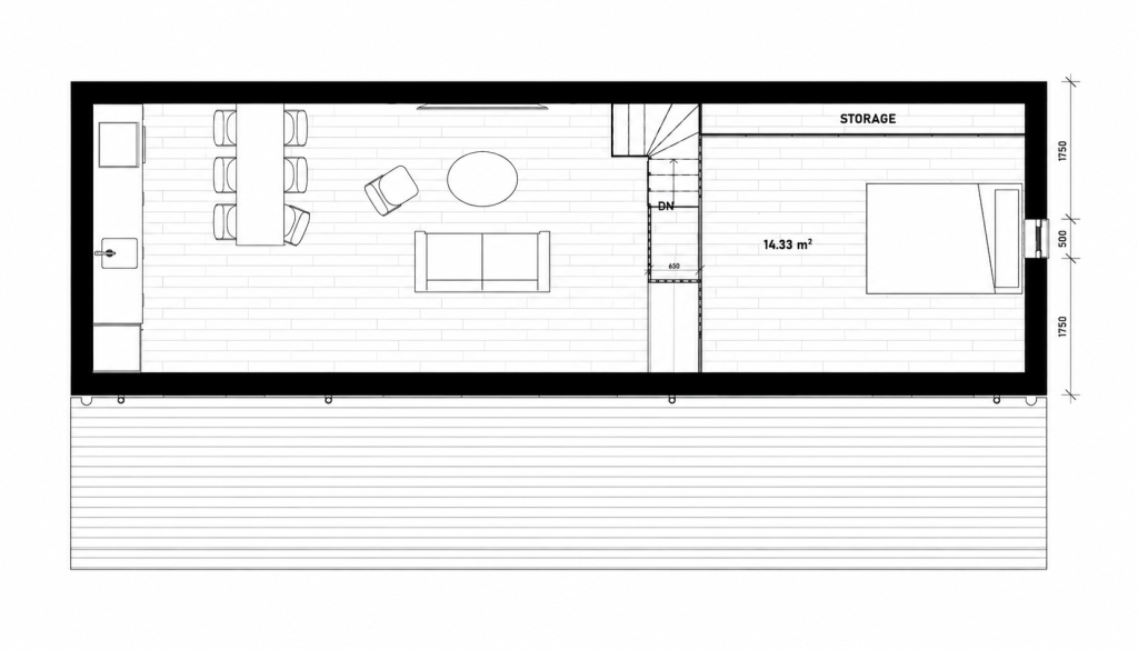 planritning på Attefallhus 50 kvm till salu med loft