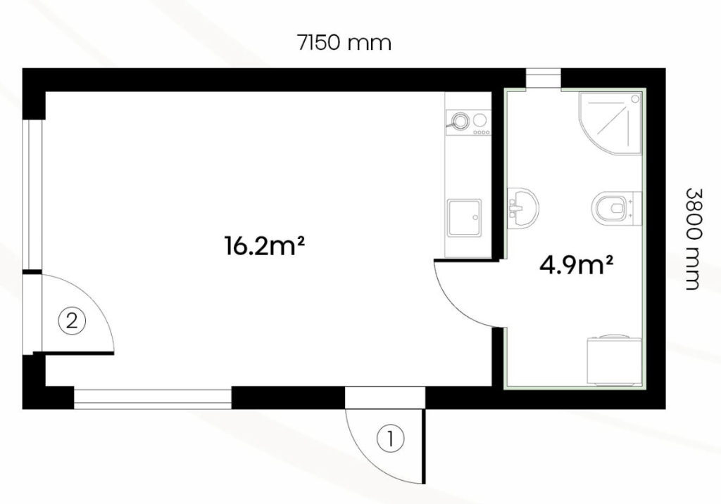 planlösning på färdigbyggt attefallshus till salu, antonia 27 m² med loft, kök och badrum