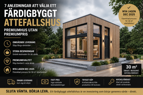 Färdigbyggt attefallshus 30 kvm i modern skandinavisk stil med träfasad, stora fönster och premiumkvalitet – nyckelfärdigt hus med snabb leverans.